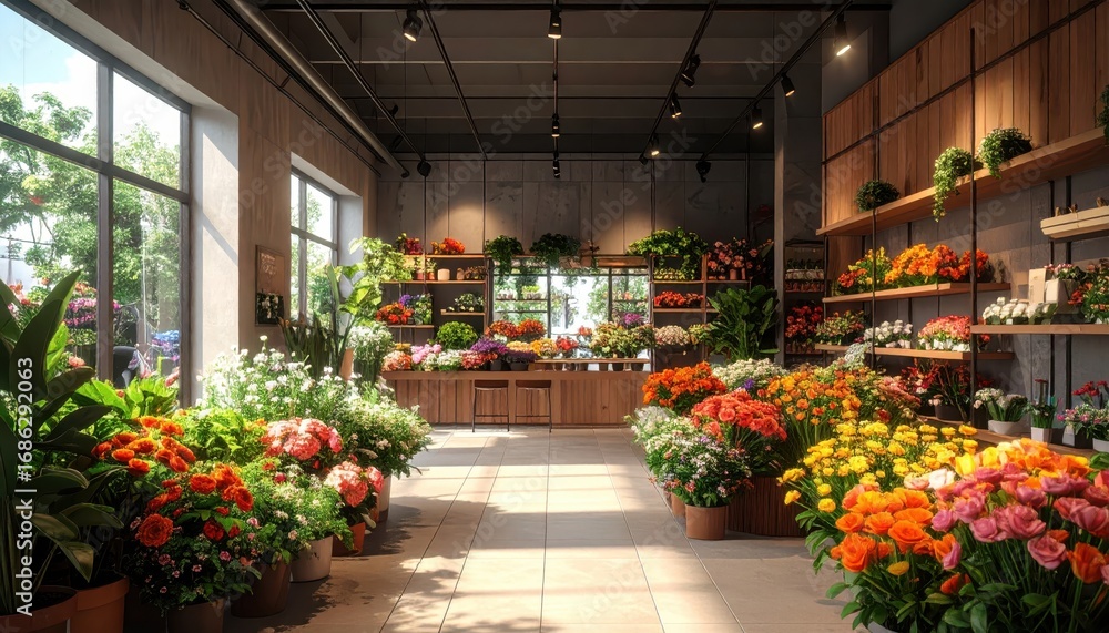 Fototapeta premium A brightly lit, modern floral shop filled with vibrant bouquets and lush greenery, showcasing a warm and inviting atmosphere.