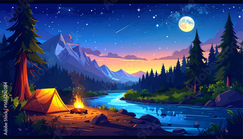 Moonlit camping near mountain lake. Camping under moon and starry sky. Relaxing camping scene with campfire. Tent by the lakeside with stars above. Mountain camping with bright moonlight
