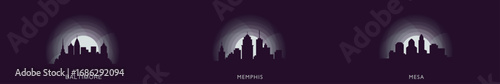 Baltimore, Memphis, Mesa panoramic vector banner illustrations. USA cities skyline images landmarks and building silhouettes at sunrise, sunset, night