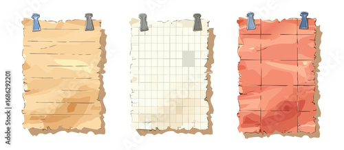 Three Rustic Blank Paper Sheets Hanging With Blue Clips On A White Background