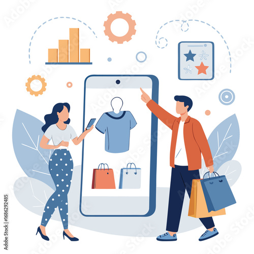 Vector art of online shopping concept illustration with man and woman using mobile phone to buy clothes and other products from an ecommerce store