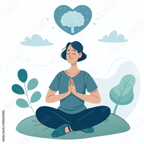 Vector art of a woman is meditating with a brain in her mind, sitting on a pillow, surrounded by nature, concept of mental health