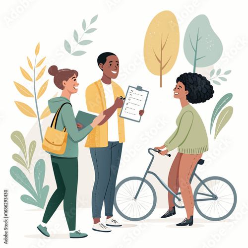 Vector art of people are doing a survey in the park, a woman with a bicycle is being interviewed by a man with a clipboard