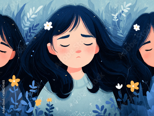 a girl with long black hair surrounded by three other girls, her eyes closed, surrounded by flowers
