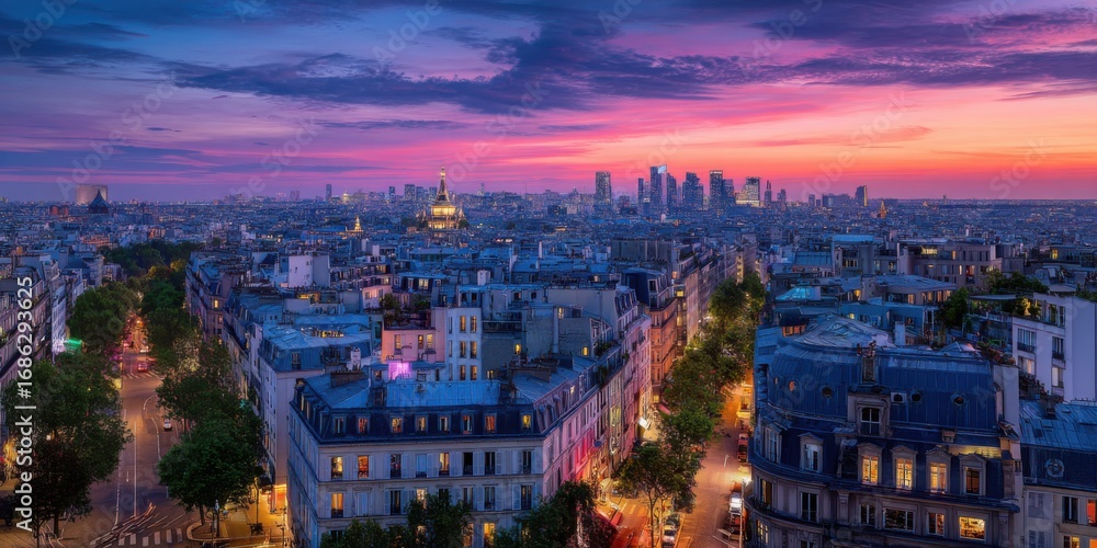 Naklejka premium Stunning cityscape at sunset showcasing vibrant skyline modern architecture urban landscape scenic horizon evening lights panoramic view dusk colors and vibrant city life