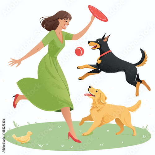Vector art of a woman in a green dress is playing with her dogs in a park, throwing a frisbee and a ball, enjoying a sunny day