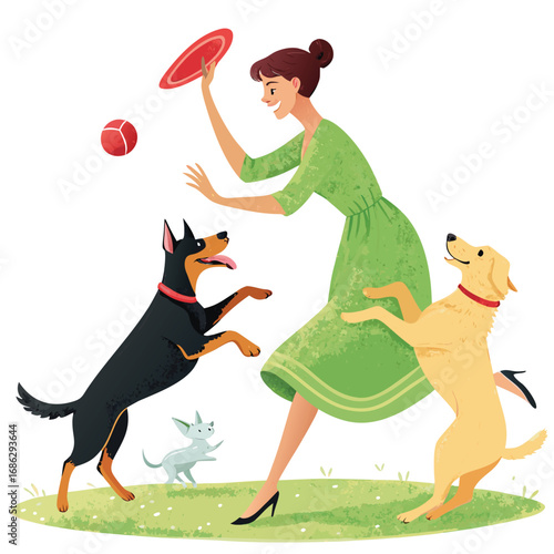 Vector art of a woman is playing with her dogs in the park, throwing a frisbee and a ball, enjoying the sunny day and the company of her pets
