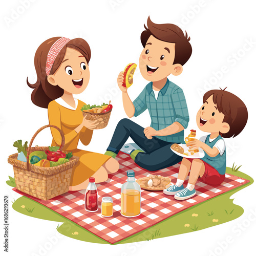 Vector art of a family is having a picnic in the park, enjoying the sunny day and the company of each other, sharing food and having fun