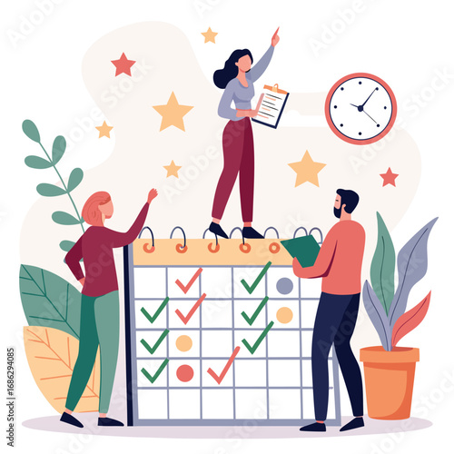 Vector art of team members planning and organizing tasks on a calendar, marking completed items with checkmarks
