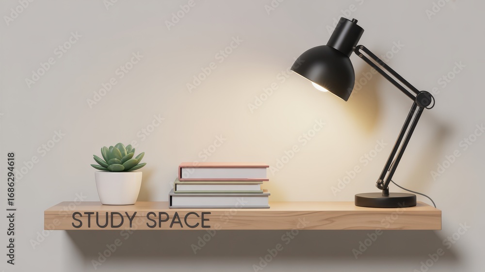 Obraz premium back college vibes concept. Study area featuring lamp, books, and a plant on a wooden shelf.
