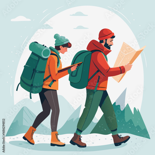 Vector art of adventurous couple hiking in the mountains, consulting a map for directions, surrounded by scenic landscapes and snowcapped peaks, enjoying outdoor activities