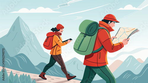 Vector art of adventurous couple hiking in the mountains, consulting a map for directions, surrounded by scenic landscapes and snowcapped peaks, enjoying outdoor activities
