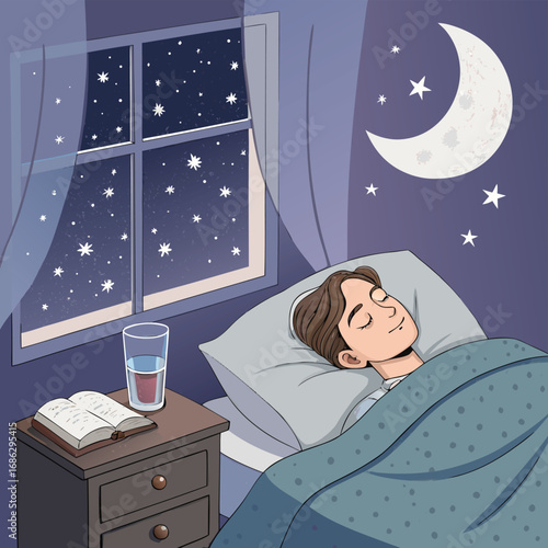 Vector art of a man is sleeping in his bed at night with the moon and stars shining through the window