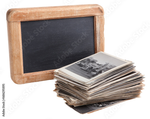 Vintage photos and a wooden slate.  A stack of old black and white photographs sits below a vintage wooden-framed slate board
