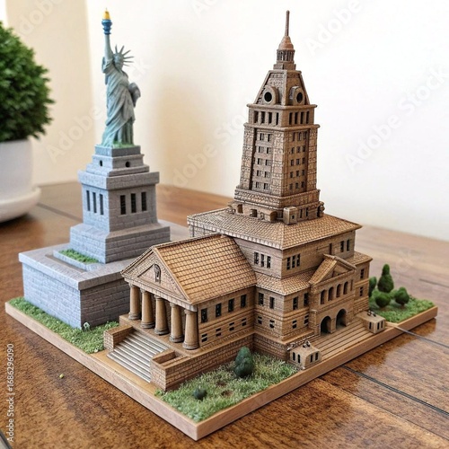 3D Printed Miniature Model of Statue of Liberty and City Hall.