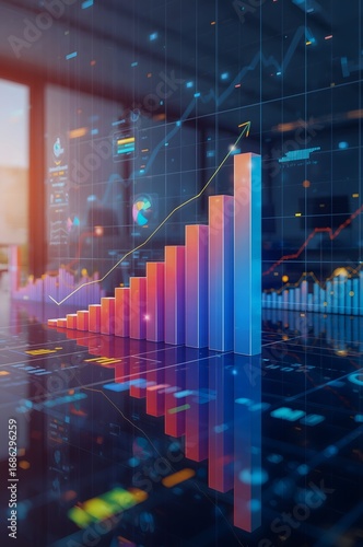3D Business Graph & Chart Visualization with Neon Highlights, Modern Office, Growth.