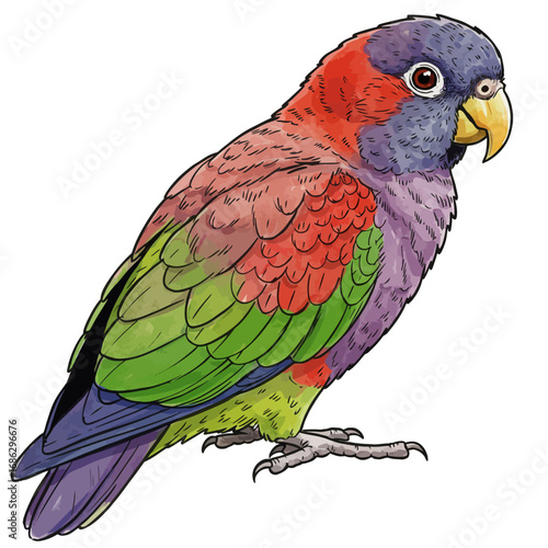 A vibrant watercolor vector illustration of a beautiful exotic Pionus parrot with colorful red, purple, and green plumage, isolated on a white background