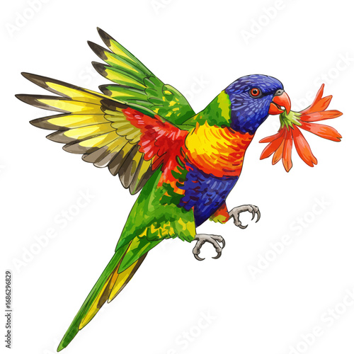 Vibrant watercolor illustration of a flying rainbow lorikeet parrot holding a red flower. Colorful tropical bird vector art isolated on a white background