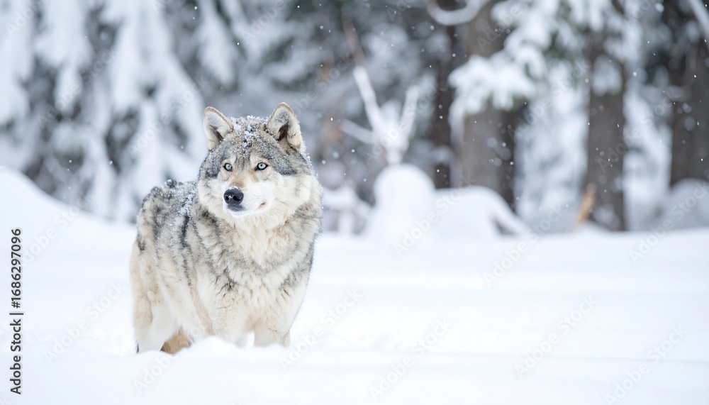 Naklejka premium A gray wolf stands alert in a snowy forest, showcasing winter's beauty.