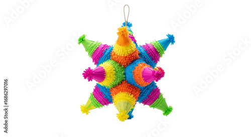 Colorful traditional Mexican pinata in star shape suspended against a white background