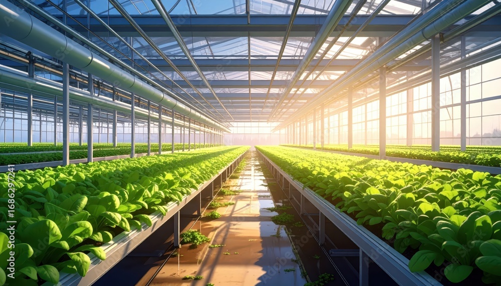 Naklejka premium A modern greenhouse boasts rows of vibrant green leafy plants, bathed in the warm glow of morning sunlight.