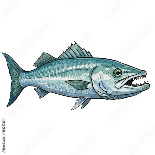 Watercolor vector image of a great barracuda fish with sharp, dangerous teeth. Hand-drawn illustration of a predatory sea creature isolated on white