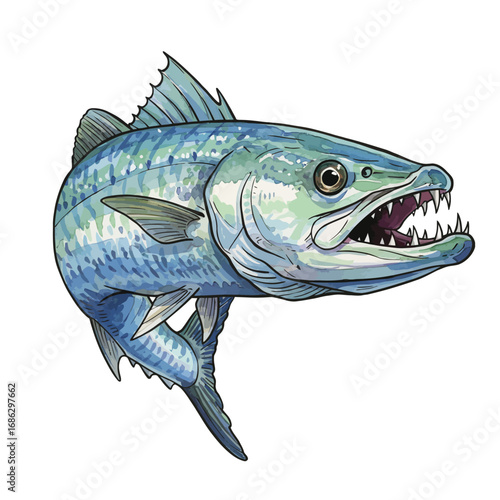 Detailed watercolor vector illustration of a predatory great barracuda fish with sharp teeth and open mouth, isolated on a white background