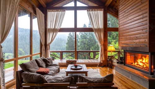 Cozy cabin living room with fireplace and mountain view