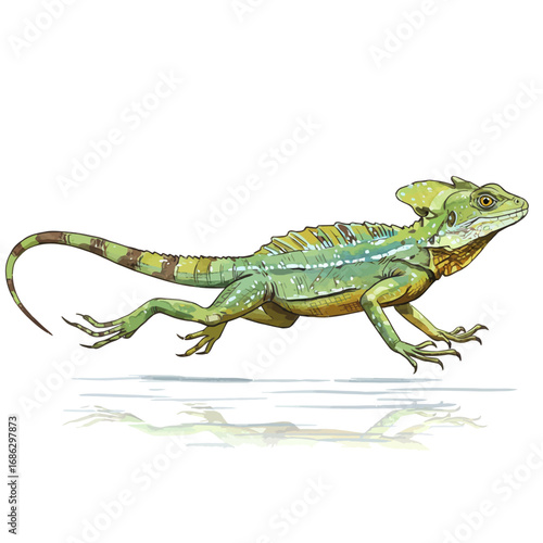 A detailed watercolor vector illustration of a green basilisk lizard running swiftly, isolated on a white background with a reflection