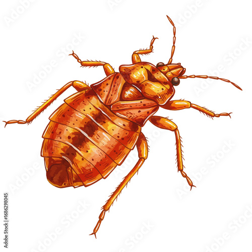 A detailed vector illustration of a common bed bug with a watercolor texture. This entomological drawing of a pest is isolated on a white background
