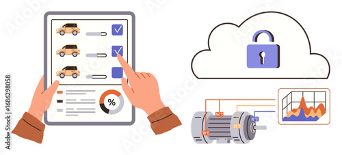 Tablet with vehicle checklist, cloud lock symbol, motor system, chart analytics. Ideal for IoT, cloud security, fleet management, industrial automation, data analysis technology simple flat