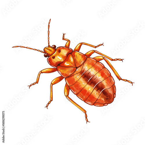 Artistic hand-drawn watercolor depiction of a common bed bug insect pest. Detailed entomological vector graphic isolated on a clean white background