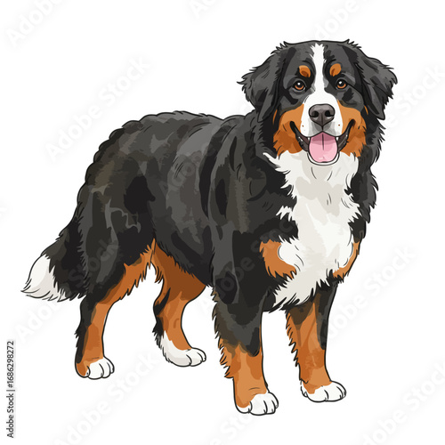Vector illustration of a standing Bernese Mountain Dog with a happy expression. Detailed cartoon drawing of a purebred Sennenhund isolated on a white background