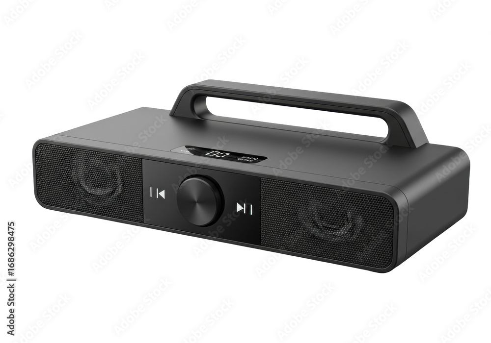 Obraz premium Sleek matte black wireless audio system with haptic dial, ergonomic grip, and fine mesh, isolated on transparent background with copy space, soft studio light, modern luxury