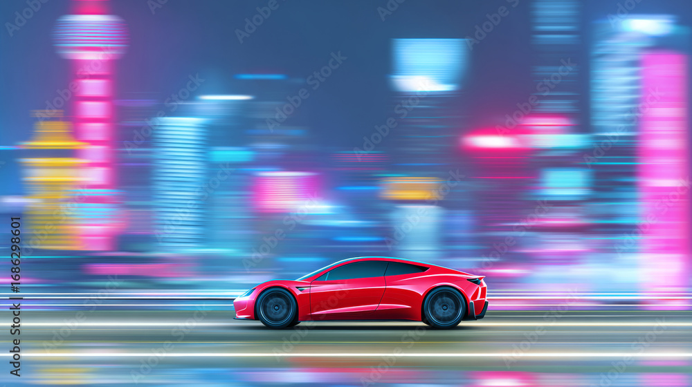Fototapeta premium Red sports car in the neon city
