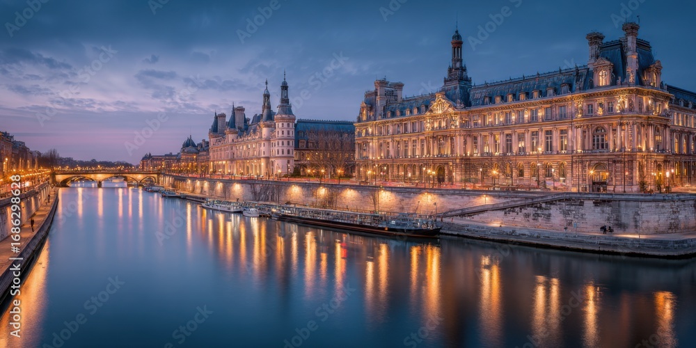 Obraz premium Stunning European cityscape featuring historic castle illuminated at night reflecting on river with scenic skyline and architectural beauty perfect for travel and tourism content