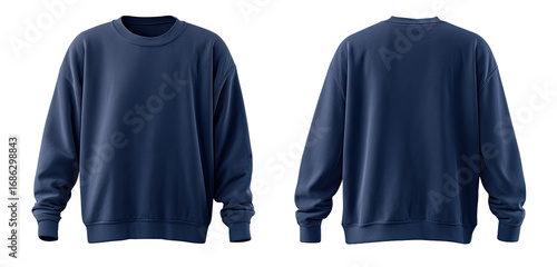 Front and back view of a navy blue crew neck sweatshirt