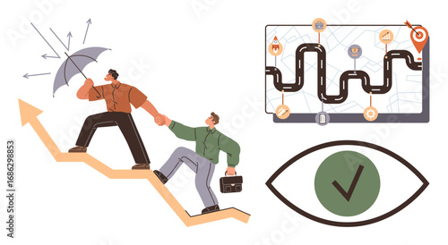 Two individuals climbing upward, shielded by an umbrella a roadmap with milestones an eye with a checkmark. Ideal for teamwork, leadership, strategy, problem-solving, goal-setting, success