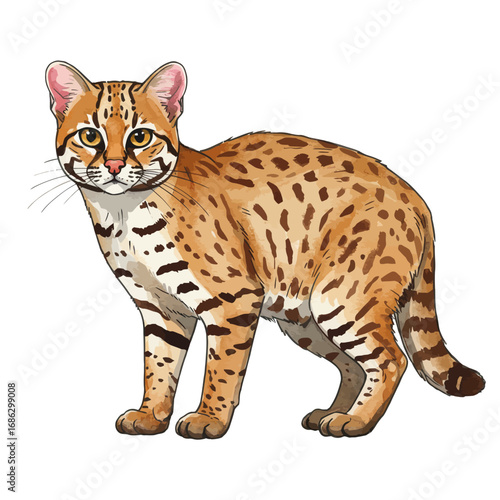 Detailed watercolor vector illustration of a wild ocelot standing. Hand-drawn exotic feline with spotted fur isolated on a white background