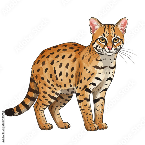 Vector illustration of a majestic ocelot standing proud, a beautifully detailed wild cat with spotted fur isolated on a white background