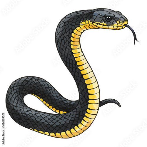 A detailed watercolor vector illustration of a striking black snake with a vibrant yellow belly, coiled with its forked tongue out
