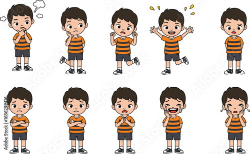 Kid facial expressions, emotional child, boy feelings, cartoon character emotions, sad happy crying, confused thinking boy, behavior clipart, mood set, reaction poses.
