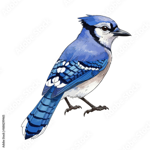 Detailed watercolor vector illustration of a North American Blue Jay bird with a prominent crest, isolated on a clean white background