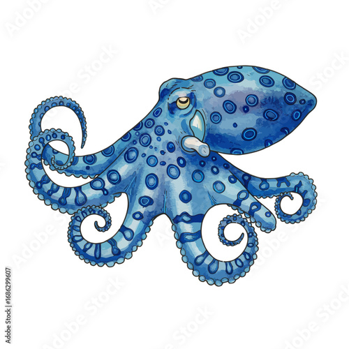 A beautifully detailed watercolor vector image of a blue-ringed octopus, showcasing its vibrant patterns and tentacles on an isolated background