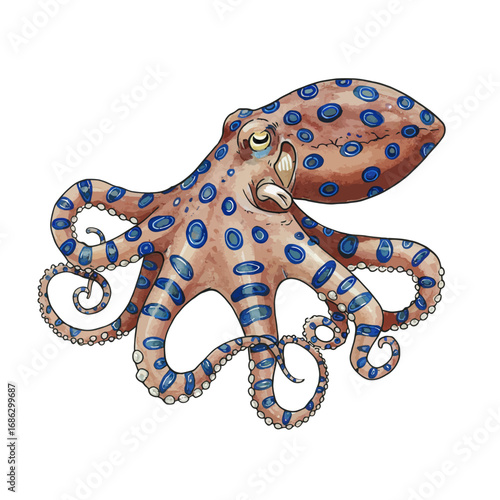 Beautifully rendered watercolor vector illustration of a poisonous blue-ringed octopus, an exotic marine creature isolated on a white backdrop