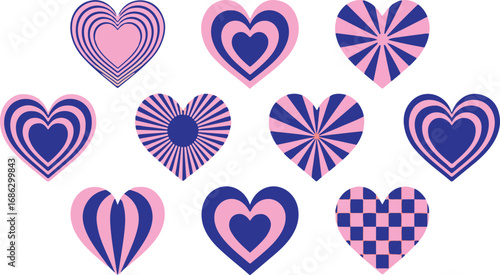 Assorted patterned hearts in pink and blue arrangement
