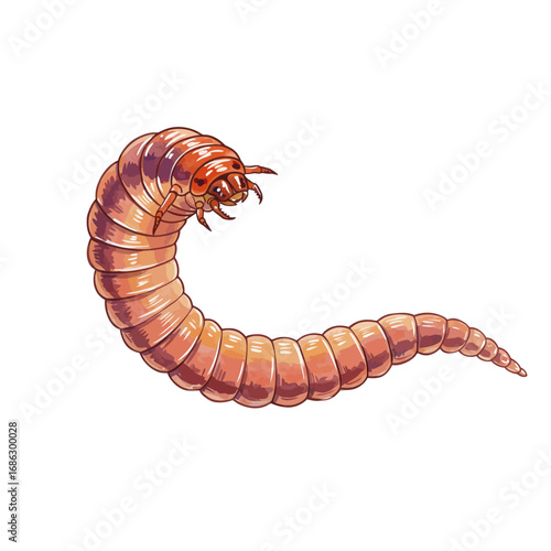 Detailed watercolor vector illustration of a predatory bobbit worm with a segmented body and sharp mandibles, isolated on a solid white background