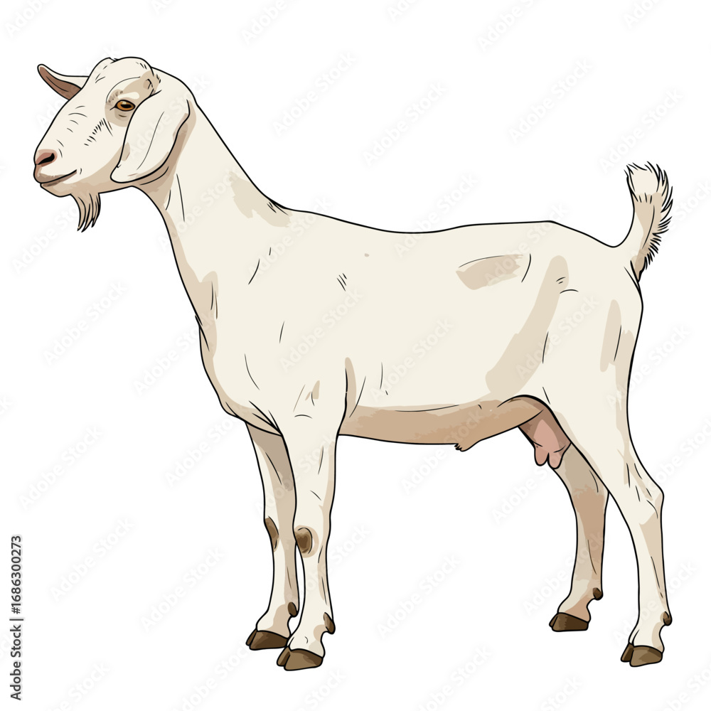 Fototapeta premium A beautifully detailed vector illustration of a white Saanen dairy goat. This full-body portrait shows the doe in a classic side profile, isolated on a clean white background