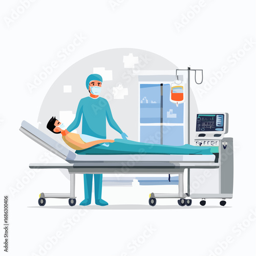Surgeon tending to patient lying on hospital bed in operating room with medical equipment, showcasing modern healthcare and patient care.