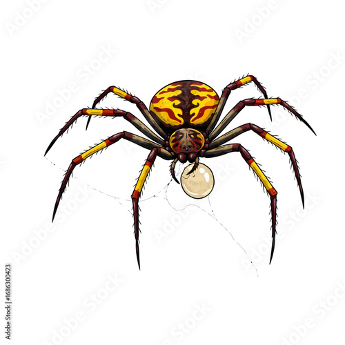 Vector illustration of a colorful bolas spider with intricate yellow and black patterns, holding a sticky globule on a white background